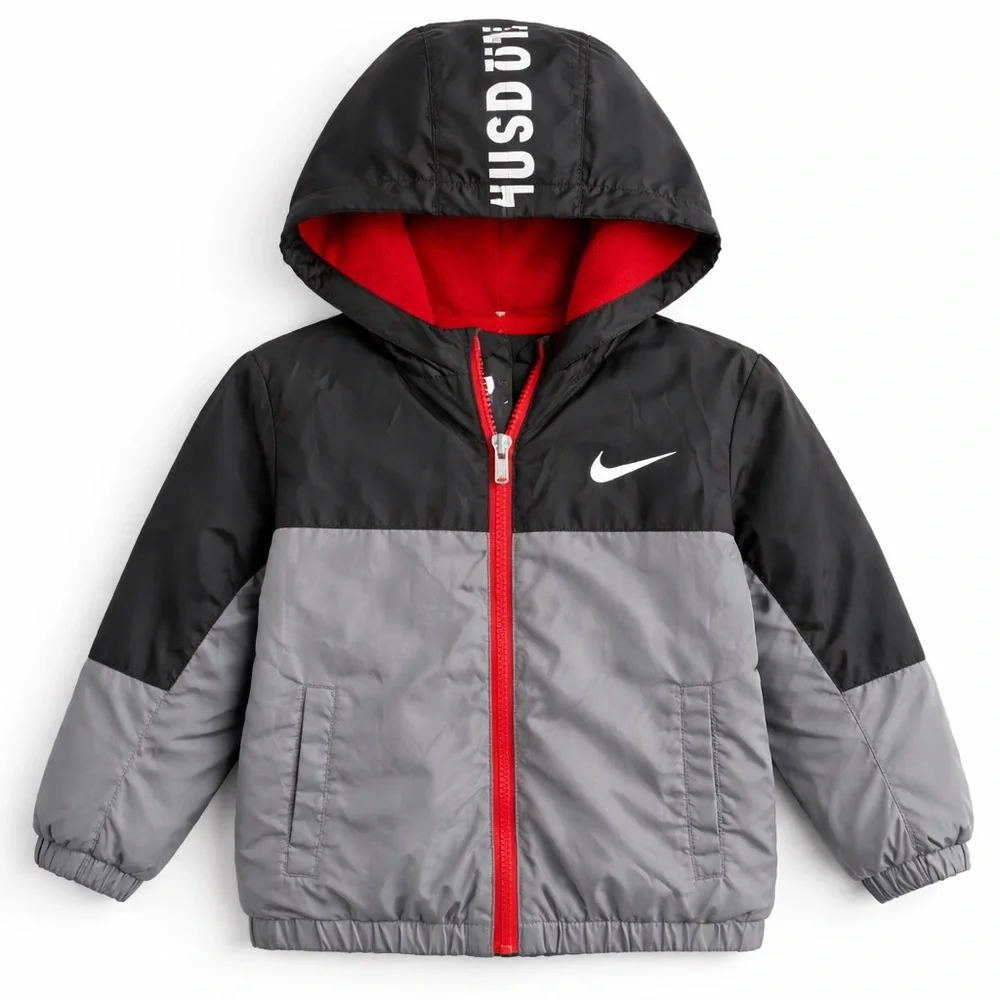 Nike 3T Fleece Lined Hooded Windbreaker Black Gray Jacket Toddler